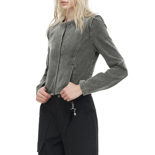 NUTH复古灰绿色水洗做旧短款修身牛仔外套女 商品图4