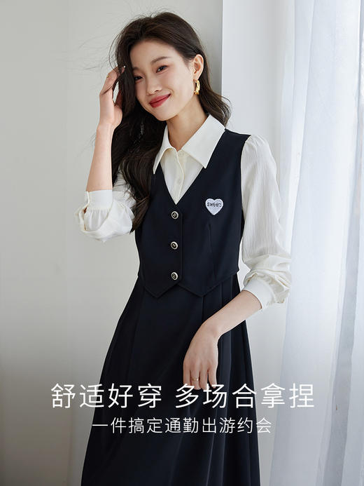 【专属特价】熙世界法式学院风假两件连衣裙女收腰显瘦衬衫领裙子2025秋新款 商品图2