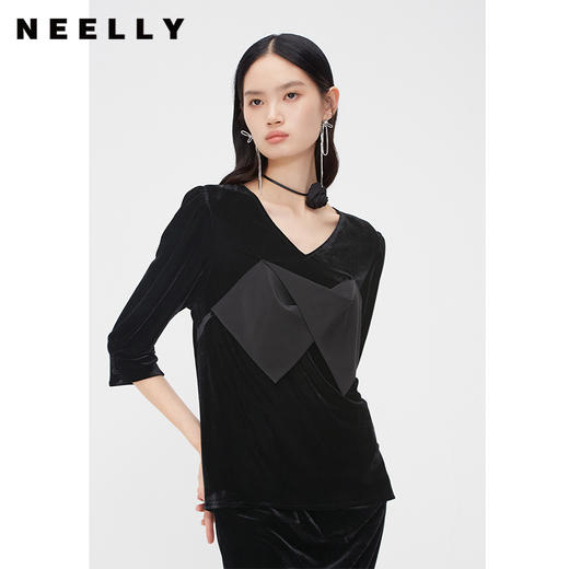 NEELLY纳俪商场同款丝绒套装裙春蕾丝拼接开叉半身裙女七分袖上衣N24023Z01124 商品图1