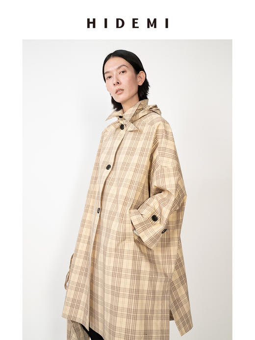 HIDEMI 卡其格纹廓形伞状长款风衣套装 商品图1
