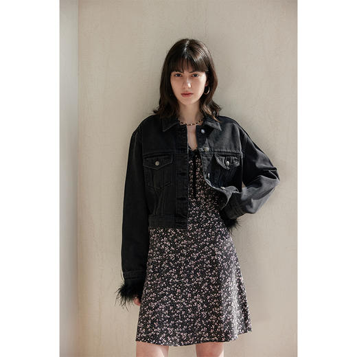 HeyDress鸵鸟毛牛仔外套女春季法式翻领宽松可拆卸短款气质上衣 商品图0