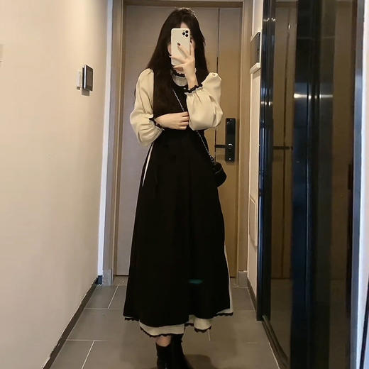 春秋季【法式温柔气质 黑色长袖连衣裙子】细腻拼接，温柔显瘦长裙女 商品图0