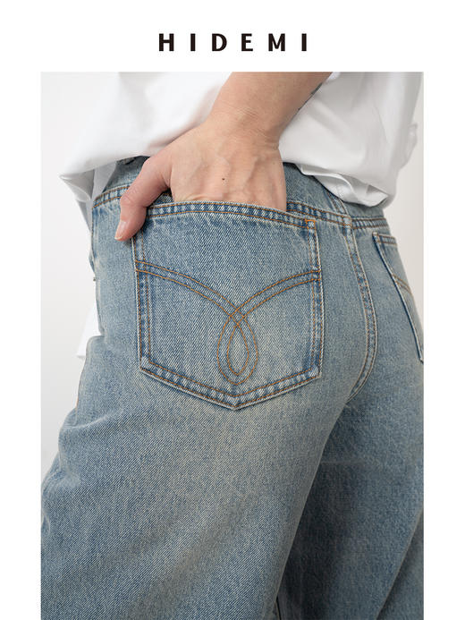 HIDEMI 灰蓝多重水洗做旧感中低腰卷边牛仔裤阔腿裤 商品图8