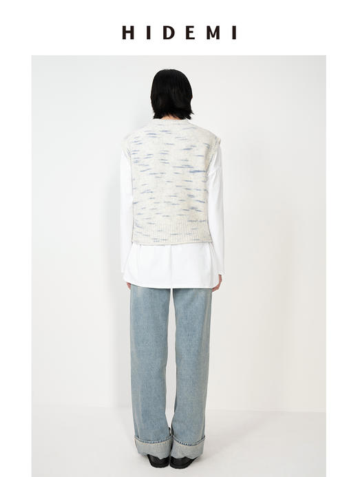 HIDEMI 蓝白花纱色澳洲进口美利奴羊毛花纱特种纱设计感圆领短款毛衣背心 商品图4