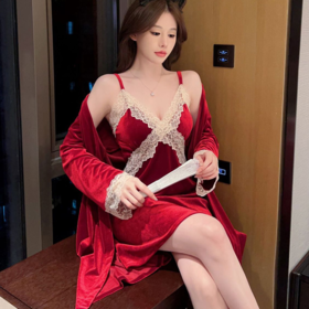 【纯欲性感家居服】金丝绒三件套睡衣蕾丝带胸垫 纯欲风情调女士家居服