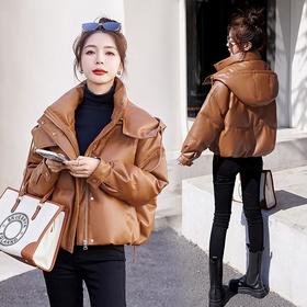 PU皮羽绒服女短款2023年新款时尚洋气连帽加厚小个子冬装搭配外套