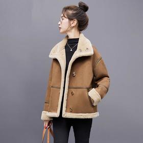 皮毛一体外套女冬2023新款小个子仿羊羔毛鹿皮绒美拉德机车服上衣