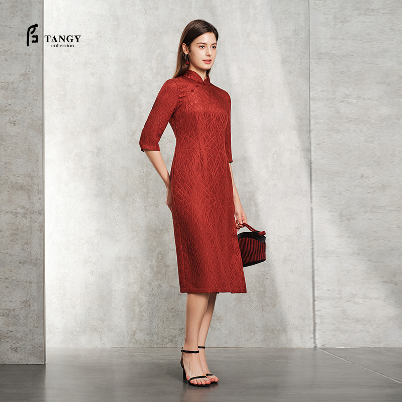 TANGY Collection天意精品2024春季新品雅致修身桑蚕丝中长旗袍连衣裙 L241814