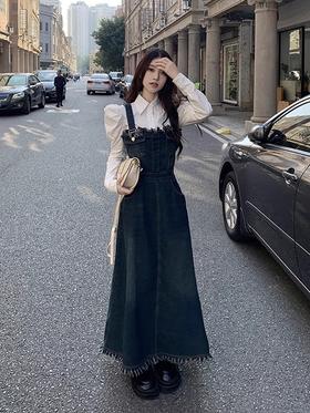 春秋季【大码法式牛仔背带裙女裙子】胖mm 吊带连衣裙 内搭长裙 显瘦套装