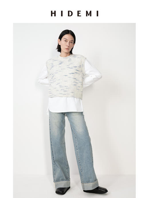 HIDEMI 蓝白花纱色澳洲进口美利奴羊毛花纱特种纱设计感圆领短款毛衣背心 商品图2