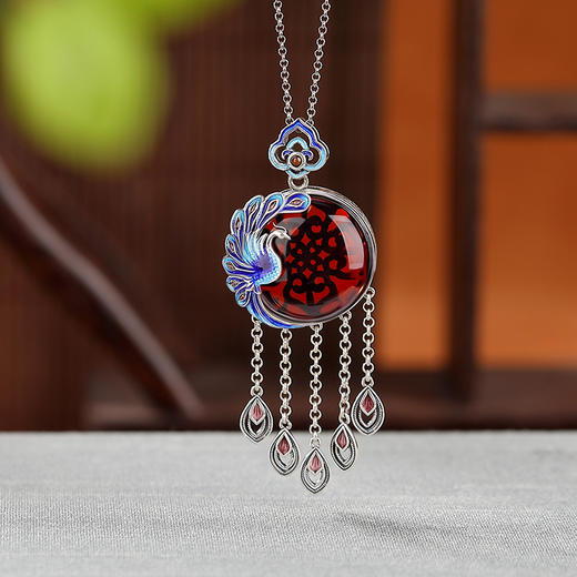 【孔雀倾影】S999银足银蜜蜡血珀景泰蓝孔雀流苏吊坠【CW-DZ06152】 商品图2