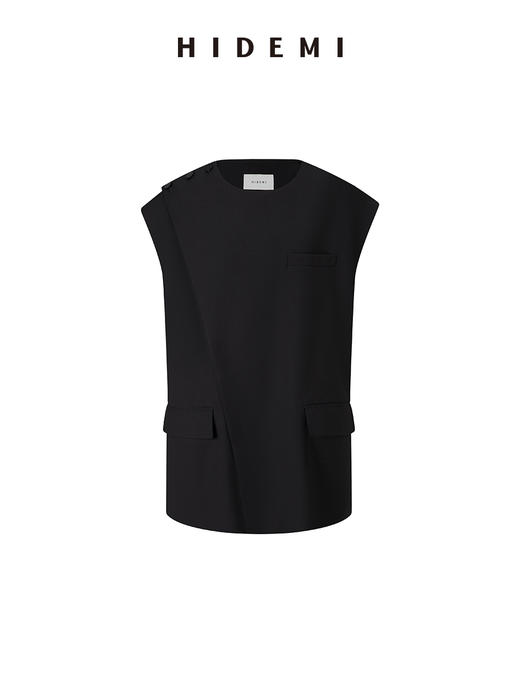 HIDEMI 黑色设计感廓形圆领不对称肩扣西装马甲 商品图8