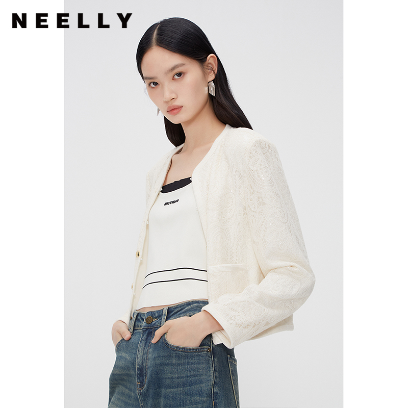 NEELLY纳俪商场同款春季亮片镂空绣花薄外套女法式气质甜美短上衣N24023C01109
