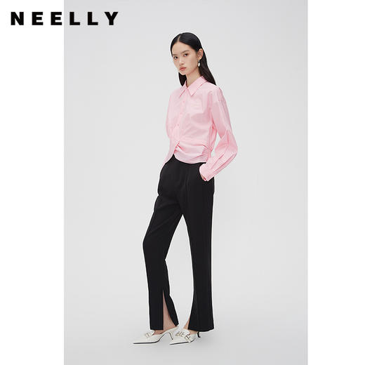 NEELLY纳俪商场同款黑色显瘦直筒开叉休闲裤女春修身百搭气质长裤N24023H01116 商品图2