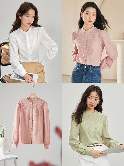 【专属特惠】熙世界新疆纯棉粉色衬衣女长袖2025秋新款设计感小立领衬衫上衣 商品图3