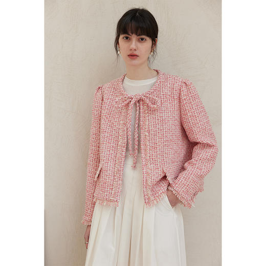 HeyDress粉色花纱小香风外套女春秋法式复古蝴蝶结系带羊毛短上衣 商品图2