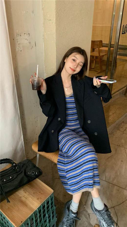 春夏季【蓝色条纹V领吊带连衣裙女】法式气质针织裙子 内搭打底 A字长裙 商品图3