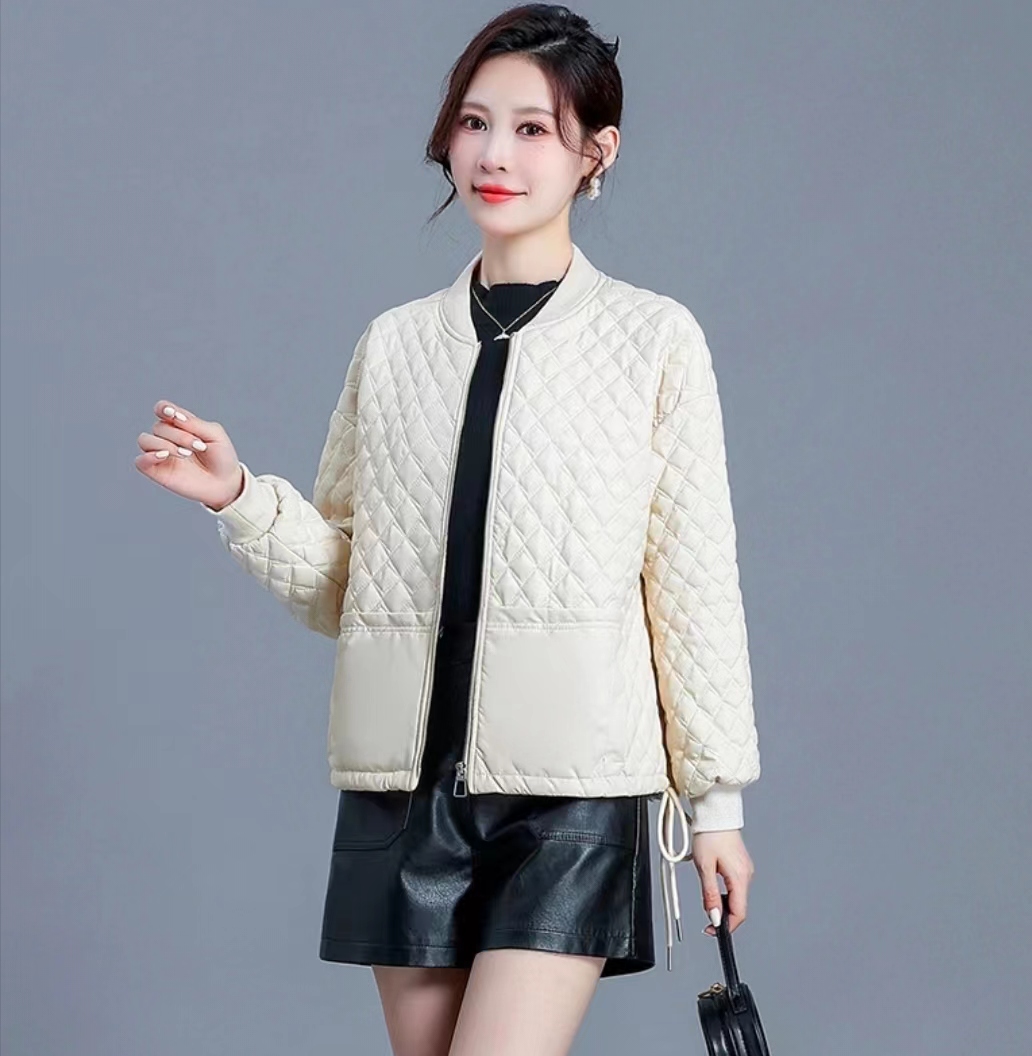 D6228        免洗菱形格PU皮休闲减龄百搭棉服外套