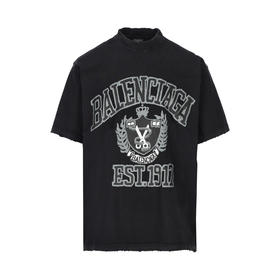 【二】BALENCIAGA 巴黎世家 男士棉质徽标印花圆领短袖T恤 黑色 739784 TOVK1 8190