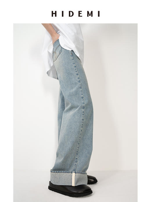 HIDEMI 灰蓝多重水洗做旧感中低腰卷边牛仔裤阔腿裤 商品图2
