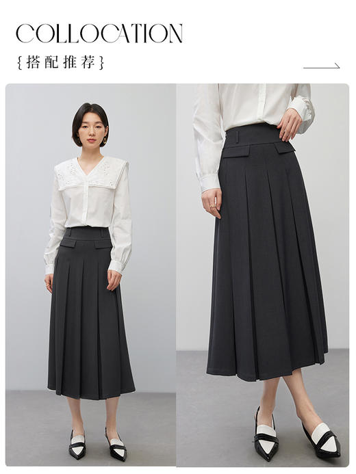 【1件75折，2件73折】熙世界复古文艺百褶半身裙2025秋季新款高腰显瘦深灰色西装长裙 商品图4