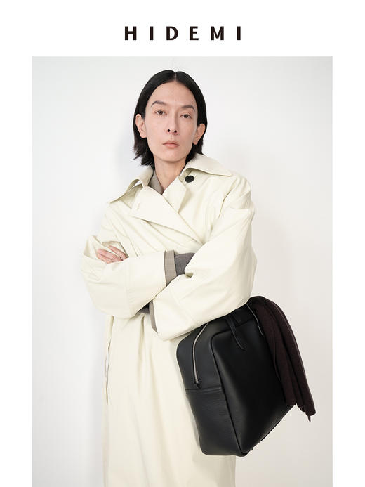 HIDEMI【佟丽娅同款】奶油米极简设计感大翻领斜纹廓形收腰长风衣 商品图2