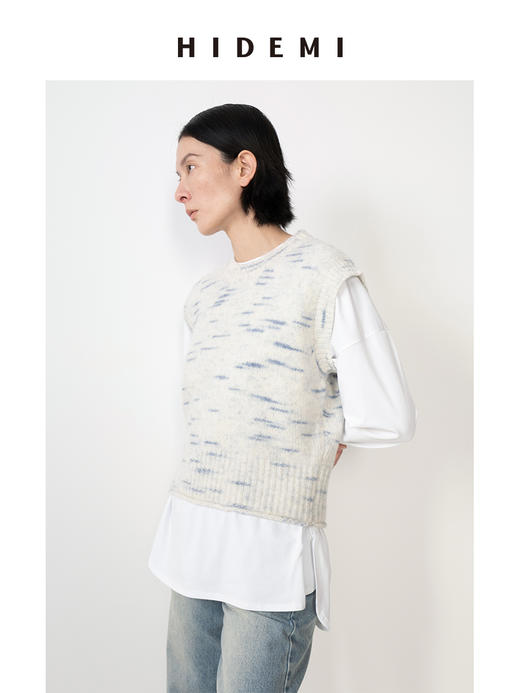 HIDEMI 蓝白花纱色澳洲进口美利奴羊毛花纱特种纱设计感圆领短款毛衣背心 商品图1