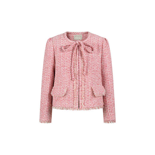 HeyDress粉色花纱小香风外套女春秋法式复古蝴蝶结系带羊毛短上衣 商品图4