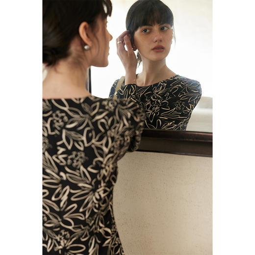 HeyDress黑白印花连衣裙女春季法式复古收腰艺术感长袖气质裙子 商品图2