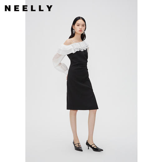 NEELLY纳俪商场同款法式高级感连衣裙女春一字领荷叶边收腰中长裙N24023Y01115 商品图1