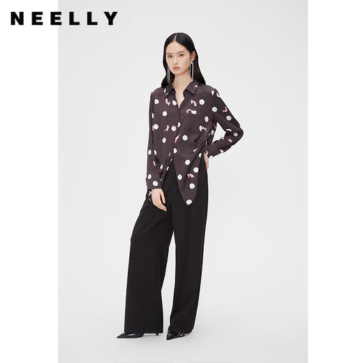 NEELLY纳俪商场同款春季复古波点衬衫女黑色两侧捏褶显瘦设计上衣N24023B01106 商品图1