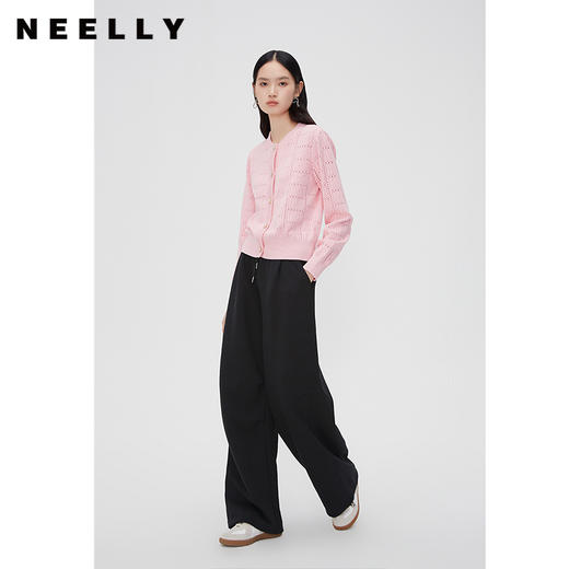 NEELLY纳俪商场同款春季粉色镂空浮雕华夫格圆领百搭针织开衫外套N24023A01103 商品图1