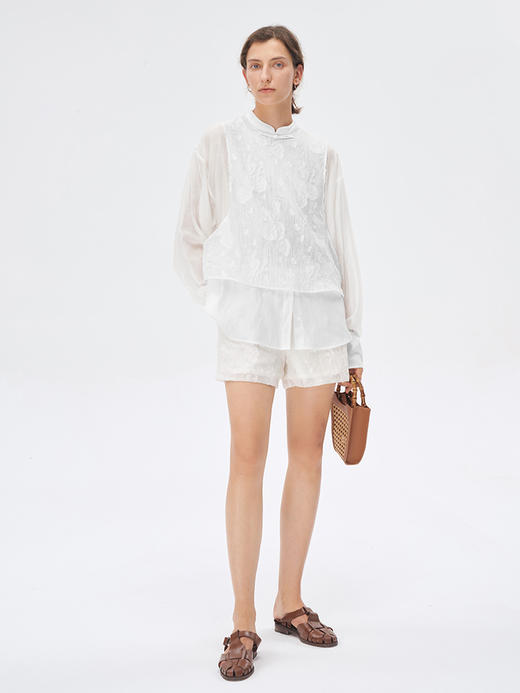 Self Who新中式套装女2023新款夏旗袍领轻奢高级感假两件上衣裤子 商品图3