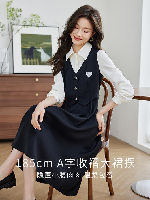 【专属特价】熙世界法式学院风假两件连衣裙女收腰显瘦衬衫领裙子2025秋新款 商品图1