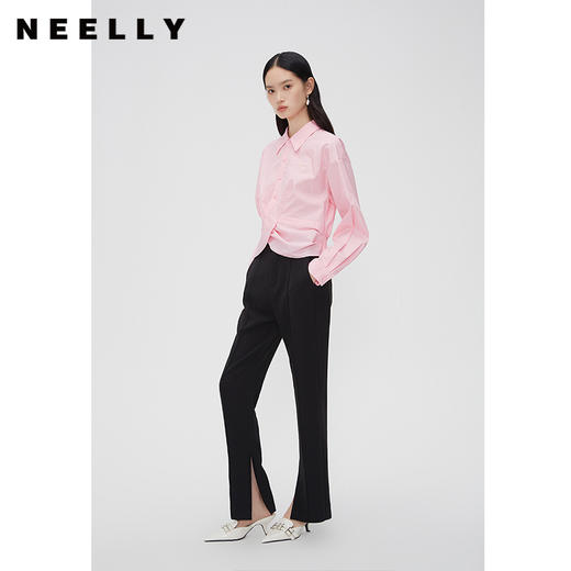 NEELLY纳俪商场同款春季粉色设计感弧形捏褶下摆高腰短款翻领衬衫N24023B01107 商品图1