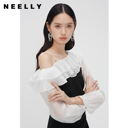 NEELLY纳俪商场同款法式高级感连衣裙女春一字领荷叶边收腰中长裙N24023Y01115 商品图2