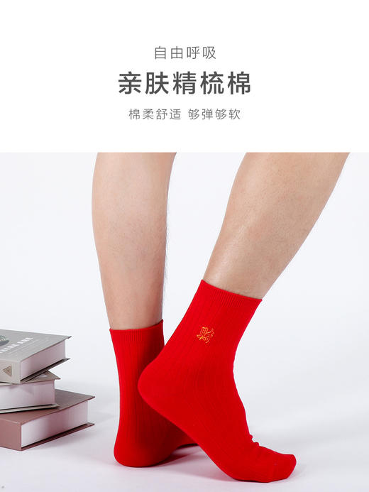 足装秀新品秋冬男士棉红袜子发财刺绣红运本命年喜庆节日中邦男袜 商品图2