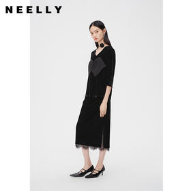 NEELLY纳俪商场同款丝绒套装裙春蕾丝拼接开叉半身裙女七分袖上衣N24023Z01124