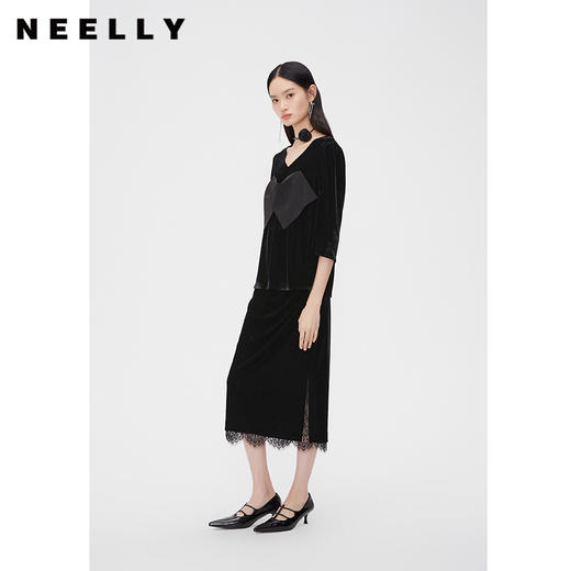NEELLY纳俪商场同款丝绒套装裙春蕾丝拼接开叉半身裙女七分袖上衣N24023Z01124 商品图0