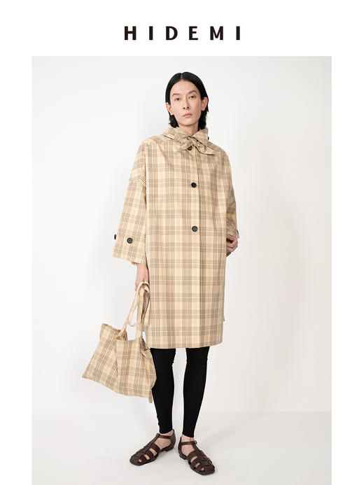 HIDEMI 卡其格纹廓形伞状长款风衣套装 商品图10