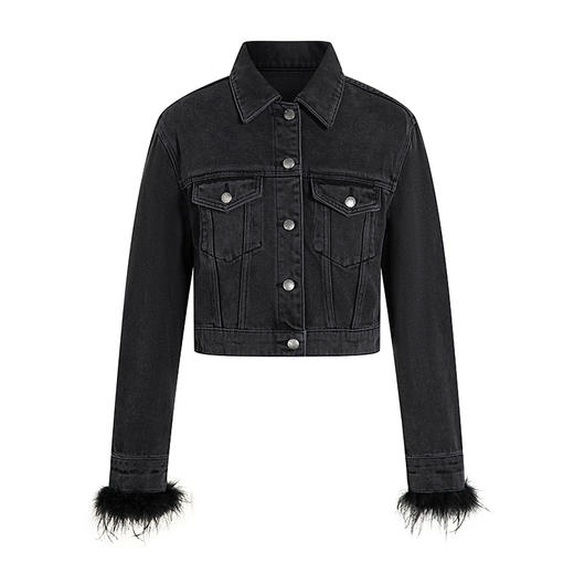 HeyDress鸵鸟毛牛仔外套女春季法式翻领宽松可拆卸短款气质上衣 商品图4