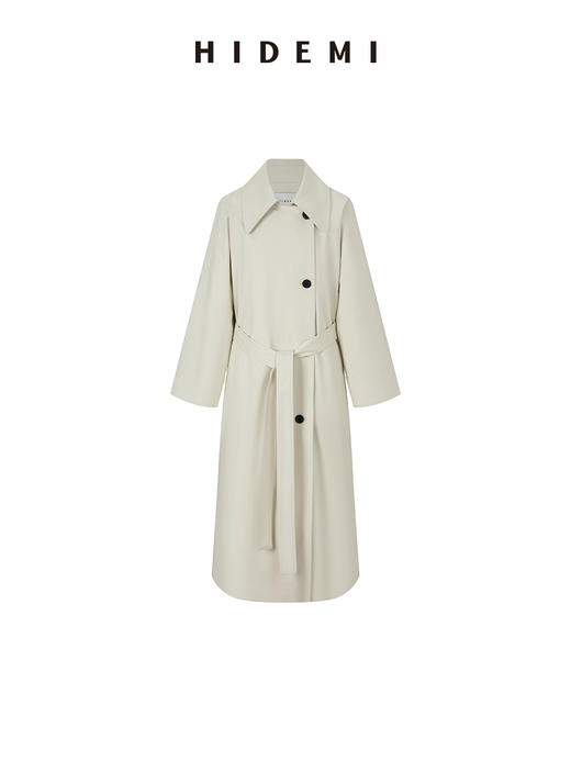 HIDEMI【佟丽娅同款】奶油米极简设计感大翻领斜纹廓形收腰长风衣 商品图10
