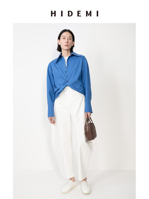HIDEMI 极简设计感不对称扭结收腰短款衬衫 商品图5