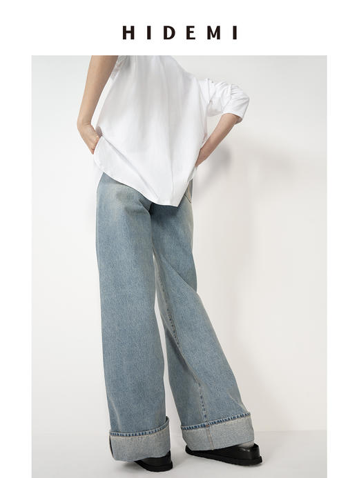 HIDEMI 灰蓝多重水洗做旧感中低腰卷边牛仔裤阔腿裤 商品图5