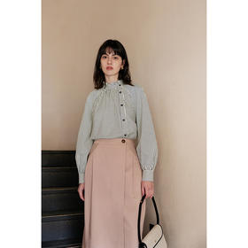 HeyDress法式花边领条纹衬衫女春秋宽松休闲侧门襟衬衣复古感上衣