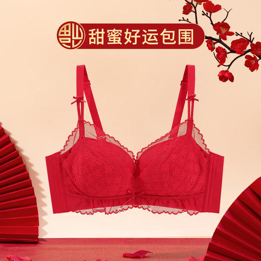 熳洁儿 本命红新年内衣女小胸聚拢文胸薄款无钢圈舒适承托性感蕾丝柔软23261558 商品图1