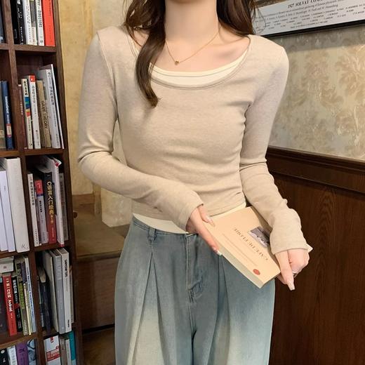 早春新款【粉色拼接假两件 长袖T恤女】纯欲风 撞色打底衫内搭 紧身上衣 商品图3