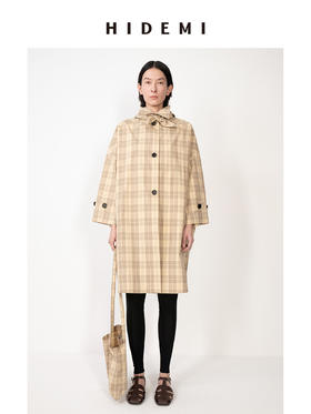HIDEMI 卡其格纹廓形伞状长款风衣套装