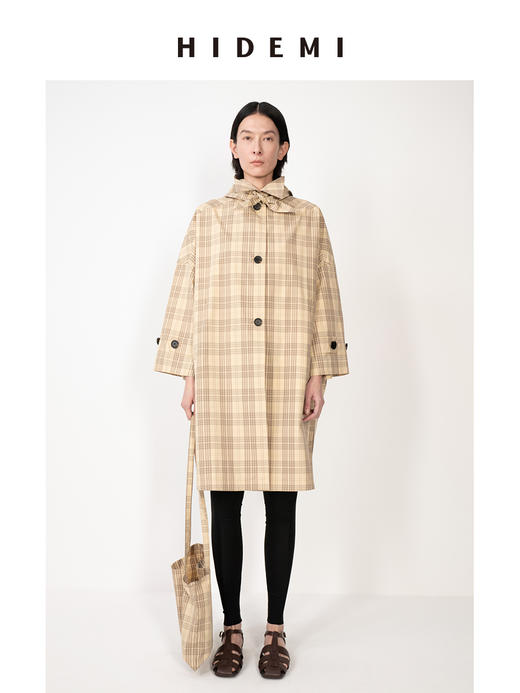 HIDEMI 卡其格纹廓形伞状长款风衣套装 商品图0