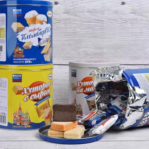 【中欧班列精选】俄罗斯进口阿孔特菲利莫味/冰淇淋味/牛奶味/奶酪味多口味夹心多层威化罐装 278g/罐 商品图2